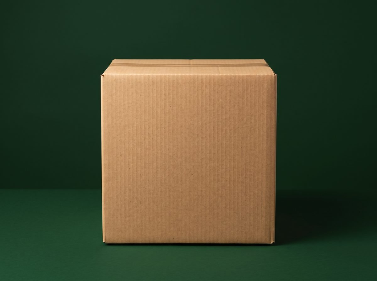 Uma caixa de papelão fechada, de frente.
